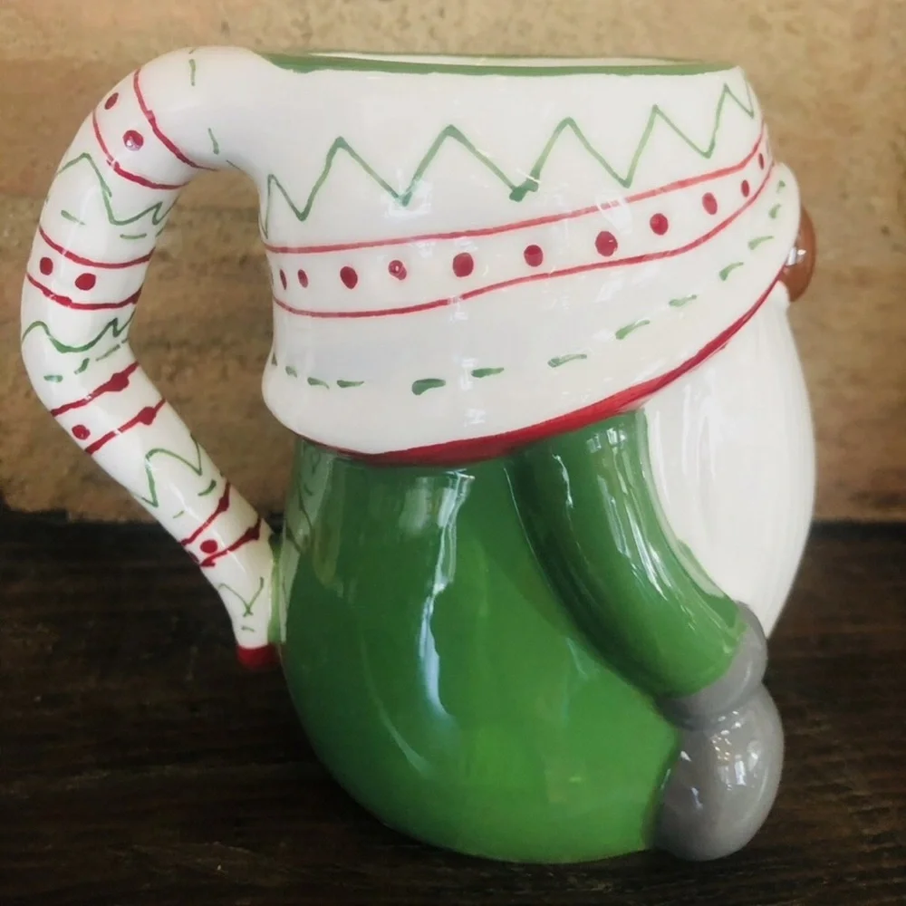 Pottery Barn Christmas GNOME Shaped Mug Green Sweater Scarf Ceramic 12oz NEW